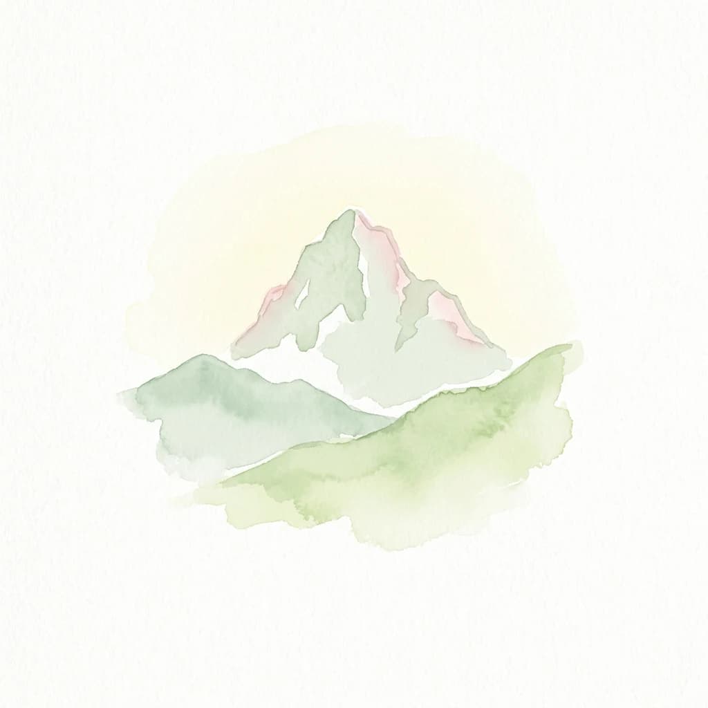 Watercolor painting of a mountain peak with green hills and pink-tinted areas