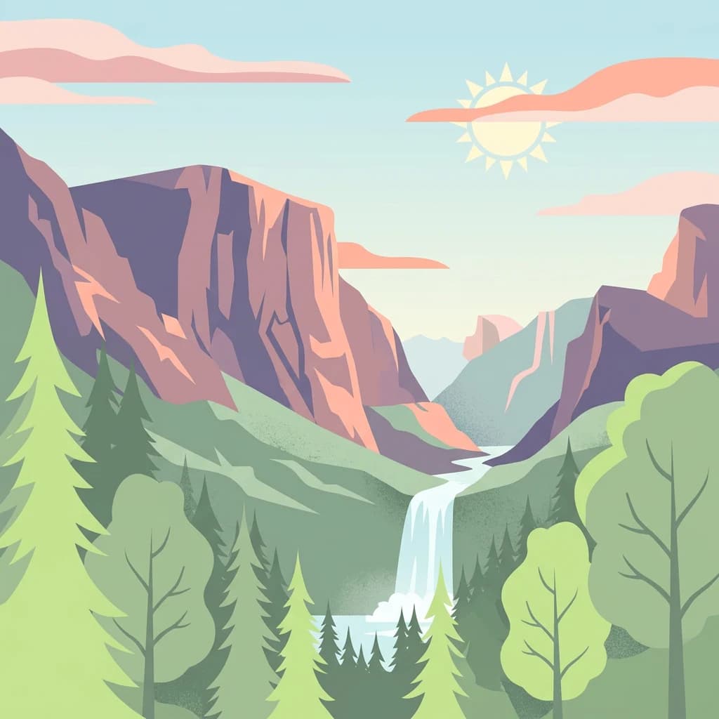 Illustration of mountain landscape featuring cliffs, waterfall, and forested valley under sunlit sky with clouds