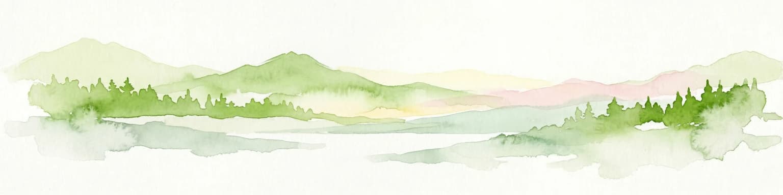 Watercolor illustration of a mountainous landscape with green forests, a lake, and distant pink-hued mountains under a light sky