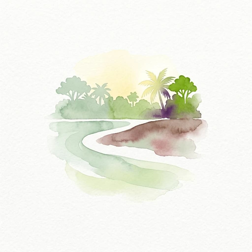 Ilustración de acuarela de un río serpenteante con exuberantes árboles verdes, una palmera y un cielo al atardecer