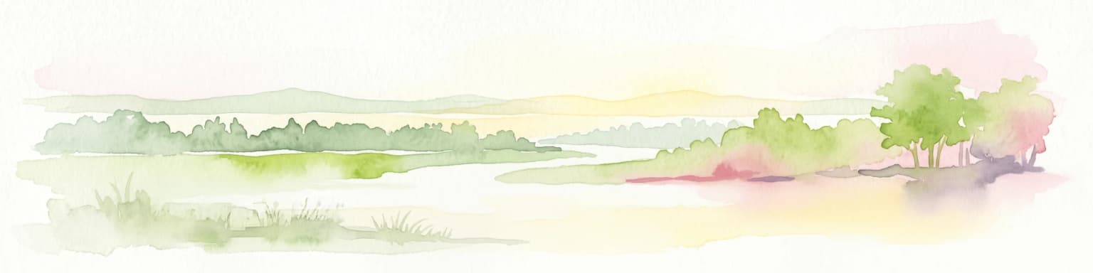 Watercolor illustration of a river flowing through a landscape with trees, grassy areas, and distant hills under a soft sky
