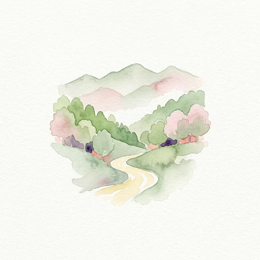 Ilustración en acuarela que muestra un camino sinuoso a través de una zona boscosa con montañas al fondo