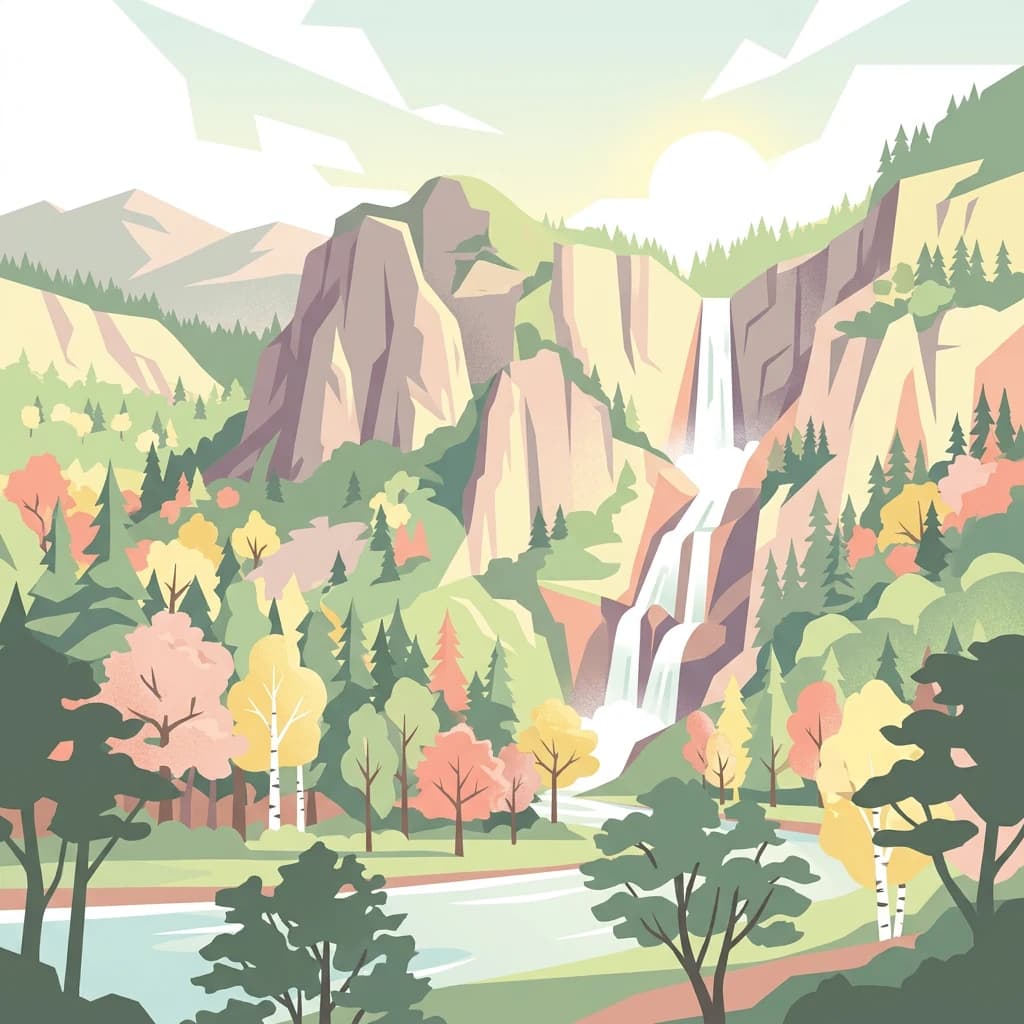 Stylized illustration of a waterfall in a mountainous area with autumn-colored trees and a river