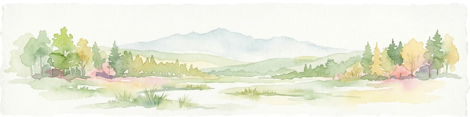 Watercolor illustration showing mountains, river, and forested area