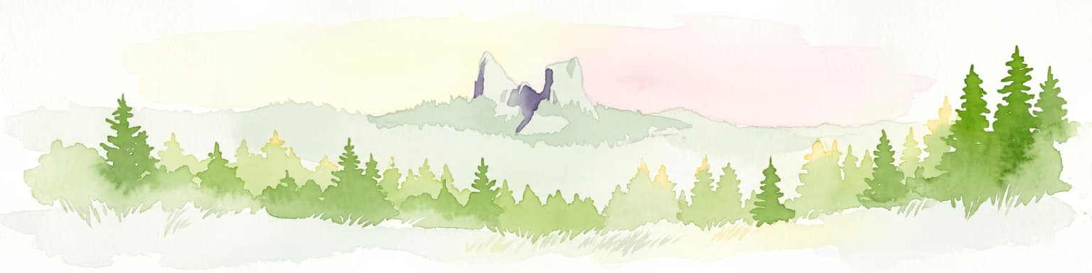An artistic watercolor illustration showing a line of green evergreen trees in the foreground with hazy, distant mountains in the background against a light, neutral sky.