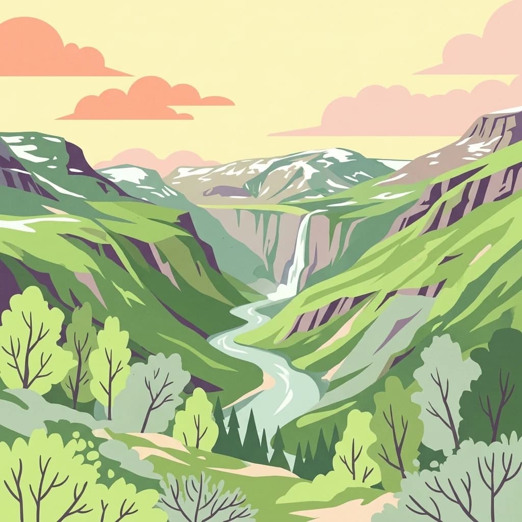 Illustration of a mountain valley with a winding river, waterfall, green hills, and trees under a partly cloudy sky