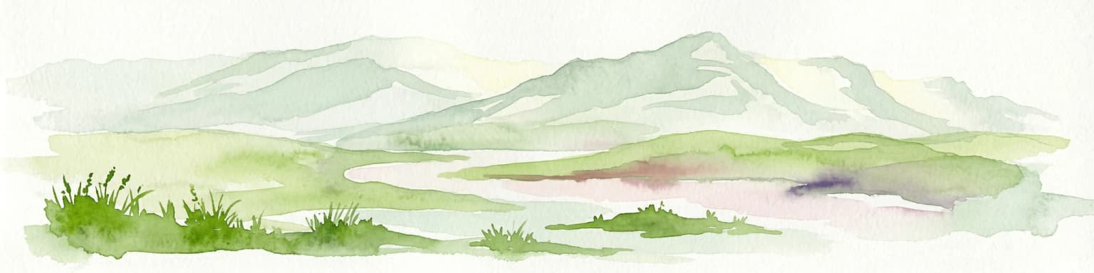 Watercolor painting depicting mountain peaks, a lake, and grassy areas in the foreground