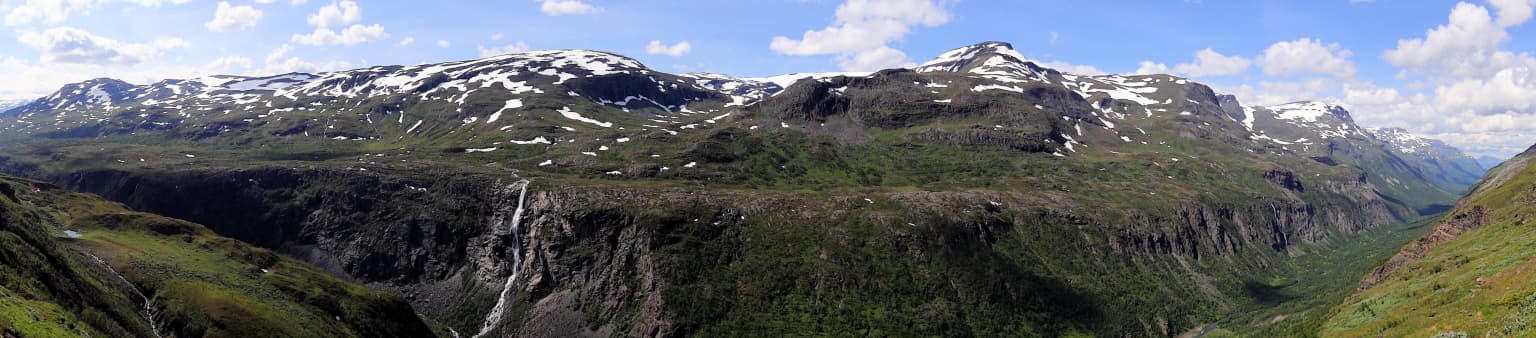 Panoramic view of Sørdalen canyon with multiple snow-capped mountains, green slopes, and a waterfall under a partly cloudy sky
