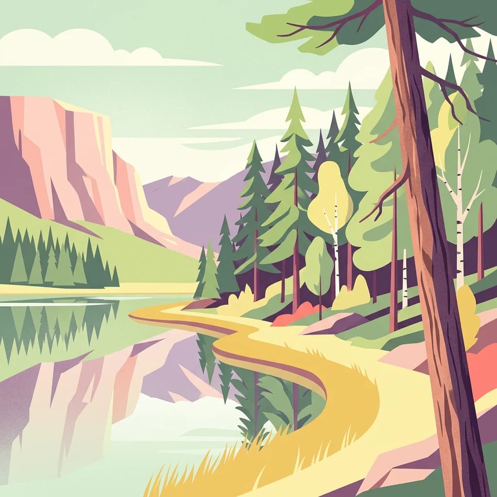 Stylized illustration of a lake reflecting mountains and trees with a winding path
