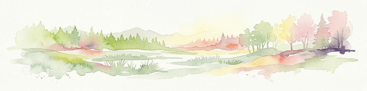 Watercolor illustration of a landscape with hills, a lake, trees, and a sunset