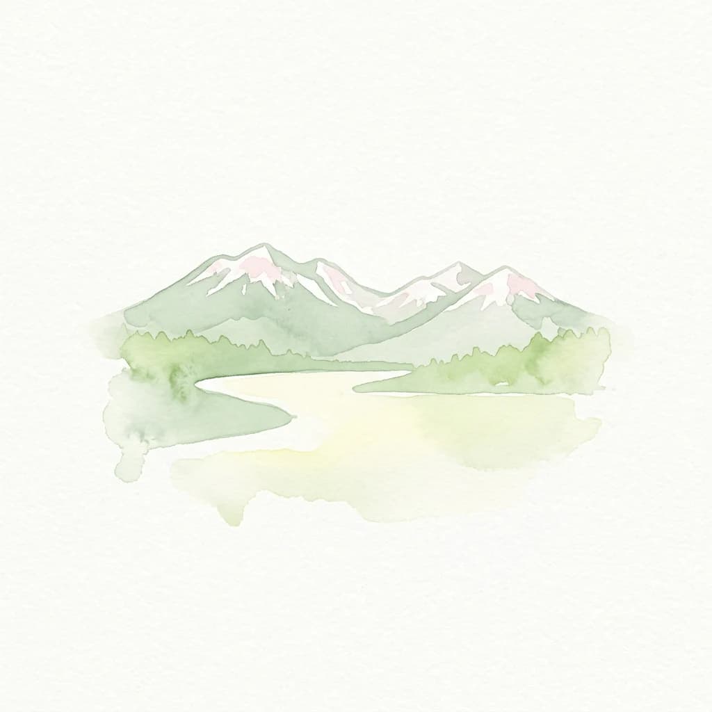 Green mountains with snow-capped peaks and a calm lake depicted in watercolor style