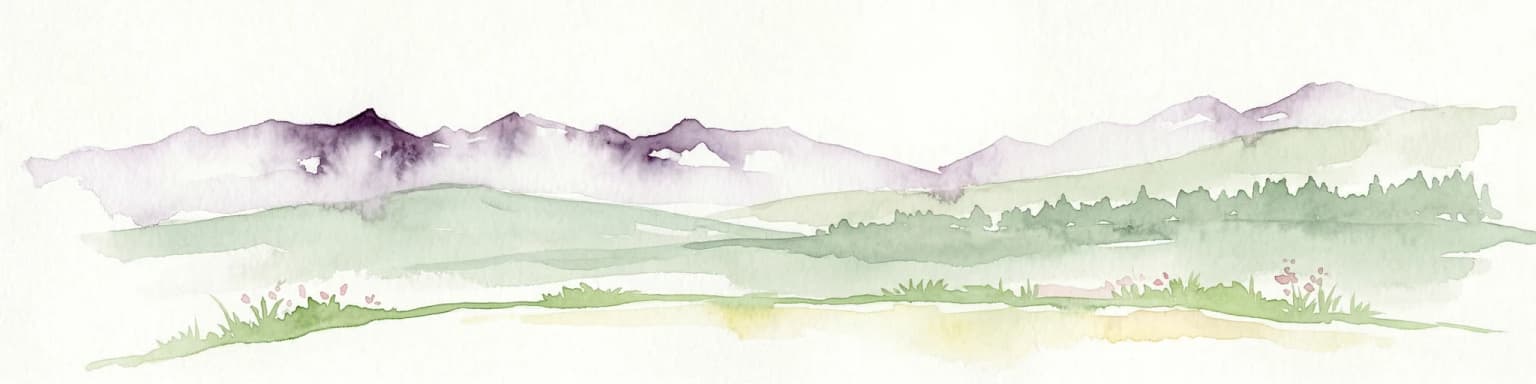 Watercolor painting of mountain peaks with green valleys and grassy foreground