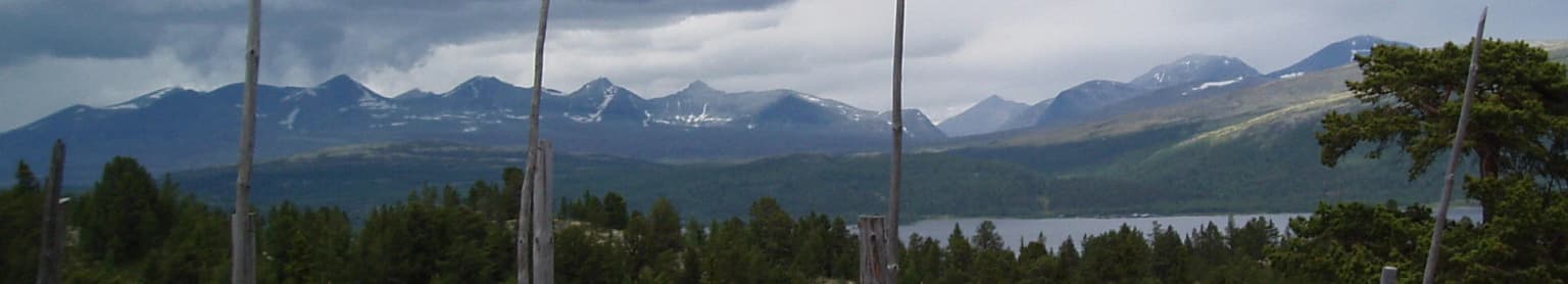 Panoramic view of Rondane National Park featuring mountain peaks, a lake, and forested terrain under a cloudy sky.