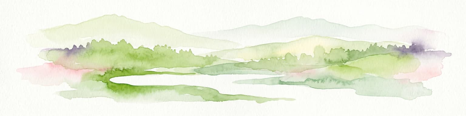 Una ilustración en acuarela de colinas onduladas y un paisaje verde con un estilo suave y abstracto.