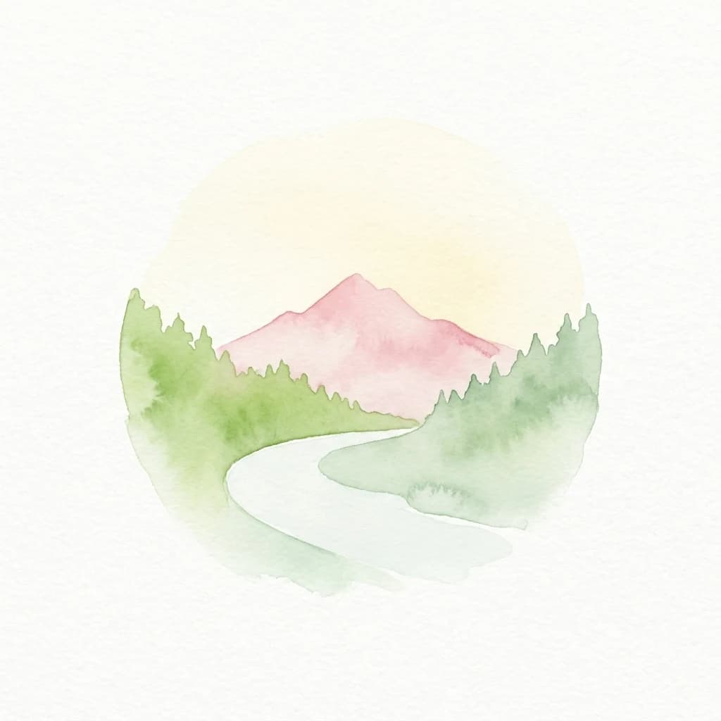 Watercolor painting of a river winding through a forested mountain landscape