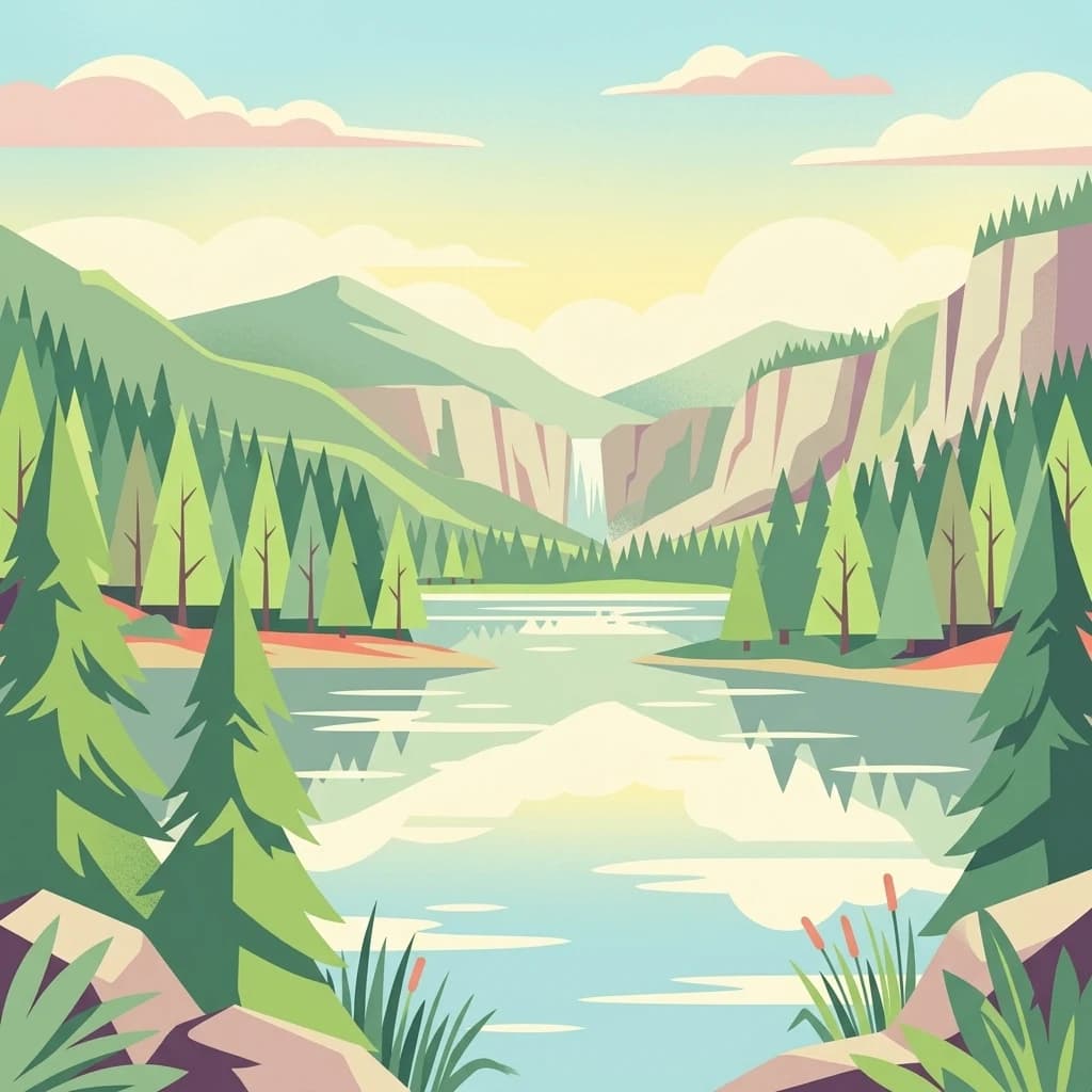 Illustration of a mountainous landscape with a lake, forest, and waterfall