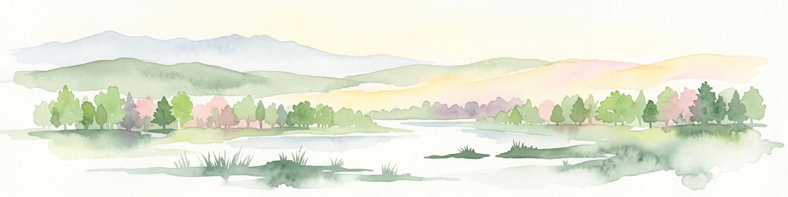 Watercolor painting of a tranquil wetland landscape with a river flowing through lush green trees and soft, rolling hills in the background.