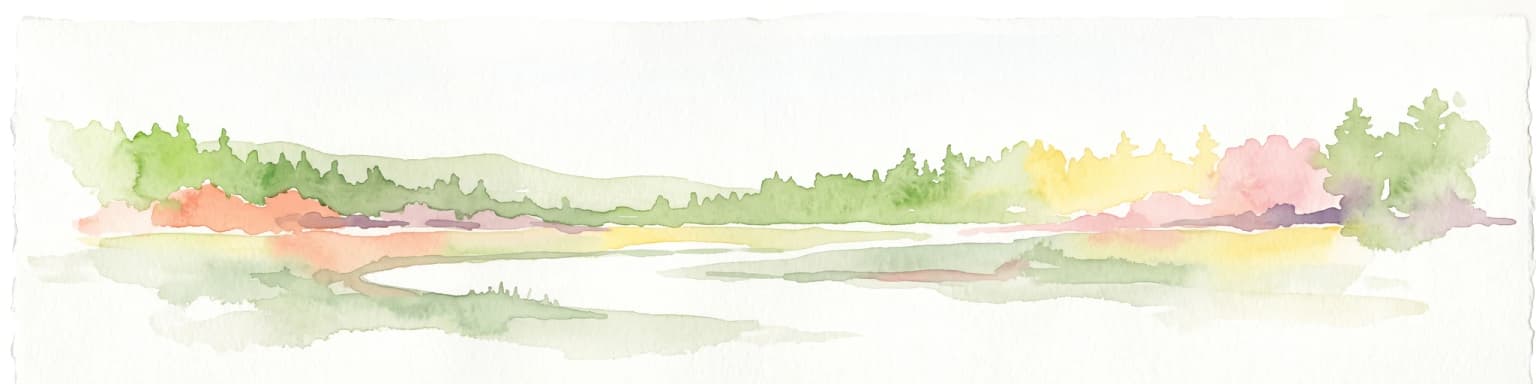 A pale, minimalist watercolor painting showing a soft horizon line with hints of green, yellow, and pink foliage against a white background.
