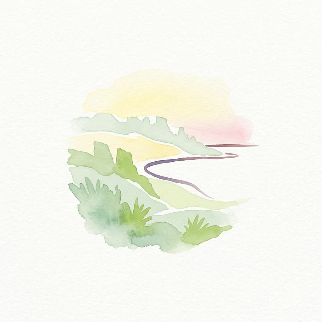 Watercolor illustration of green hills with a winding path under a sunset sky