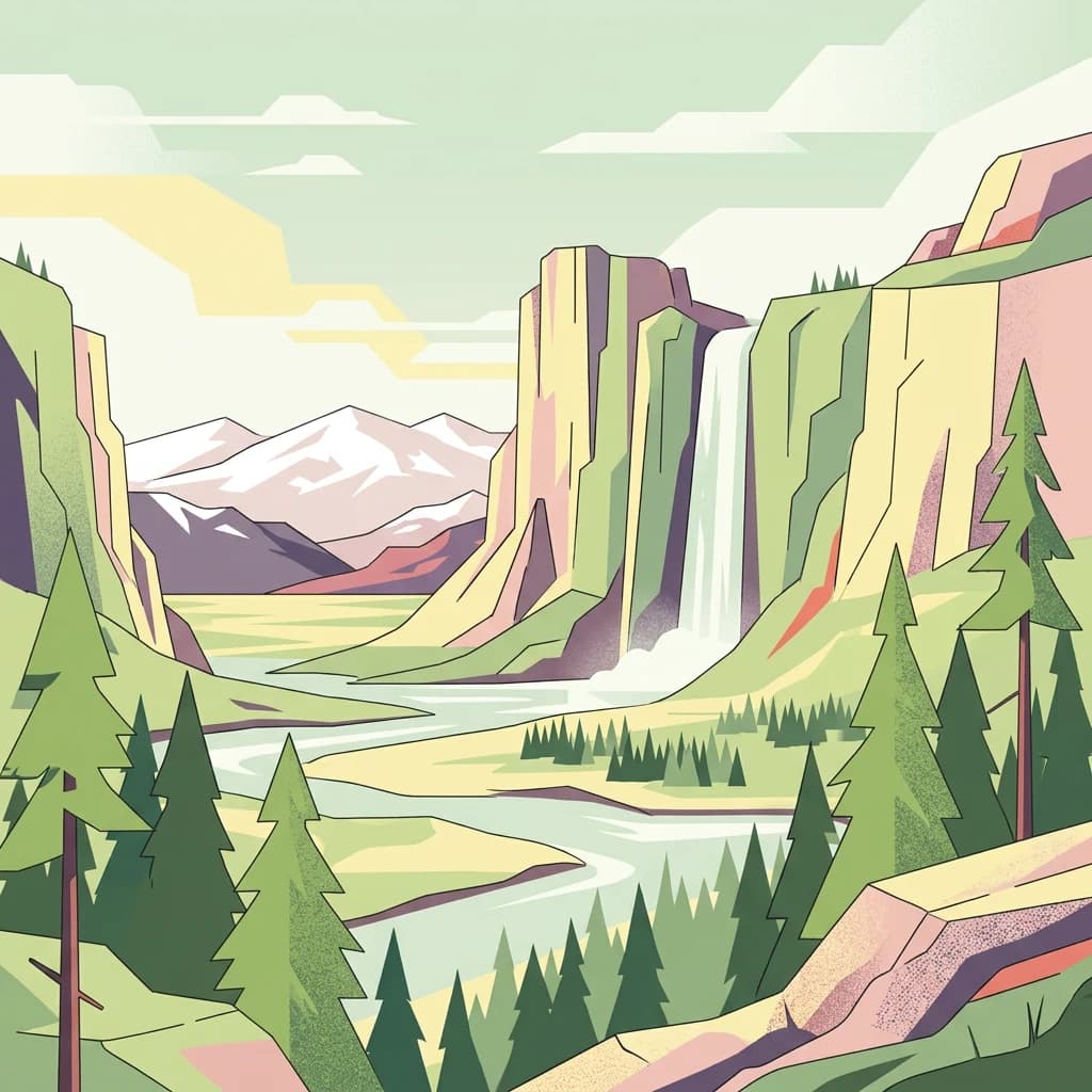 Stylized illustration of a mountainous landscape with a waterfall, river, and coniferous forest under a partly cloudy sky