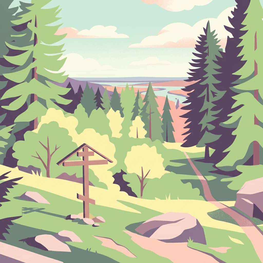 Stylized illustration of a forest trail with a wooden signpost, rocks, and pine trees. In the background are more trees and distant water.