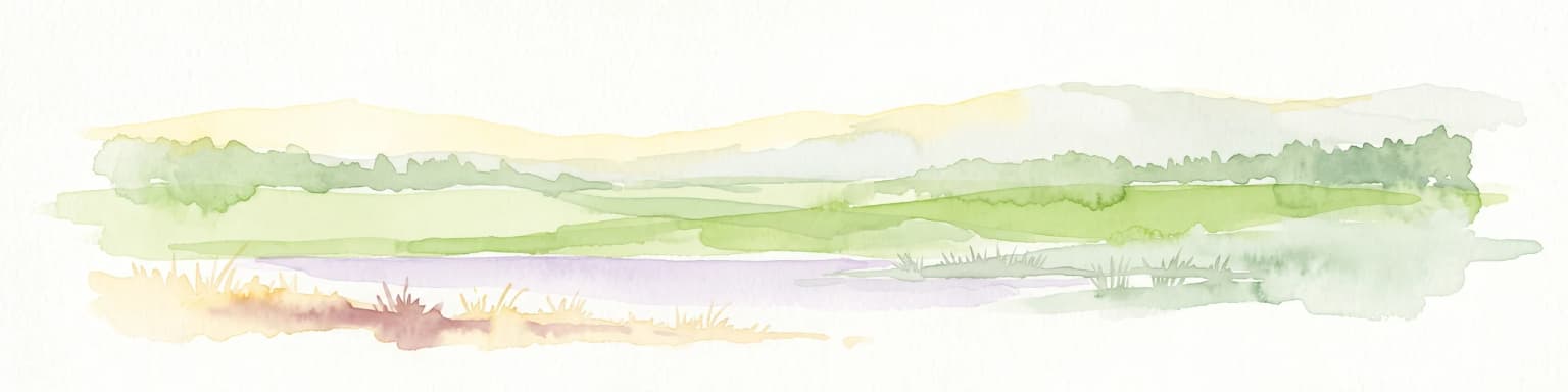 A minimalist watercolor painting showing a horizontal landscape with a pond in the foreground, green fields in the midground, and soft rolling hills in the background.