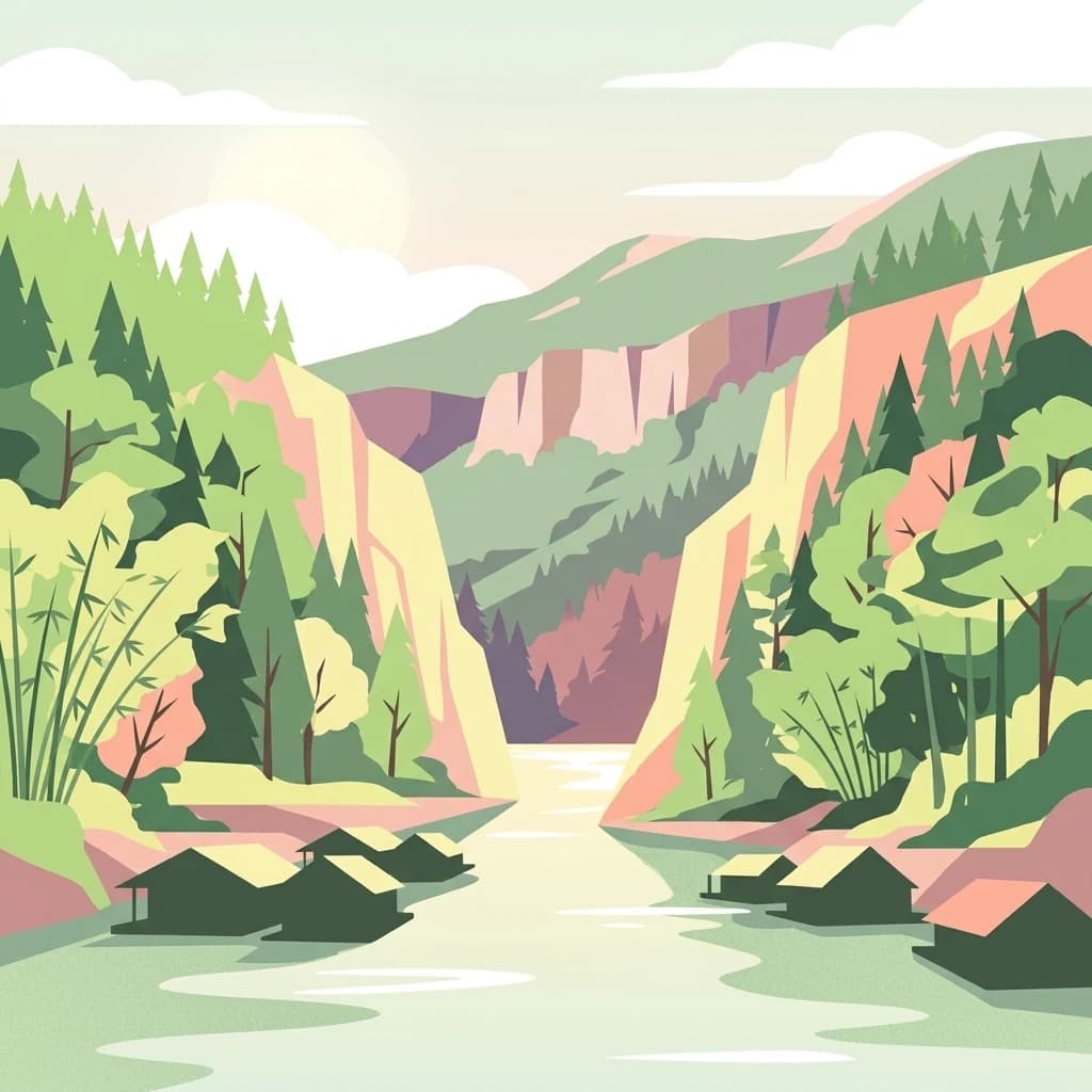 An illustrated landscape featuring a river flowing through a valley with limestone cliffs and forested hills.