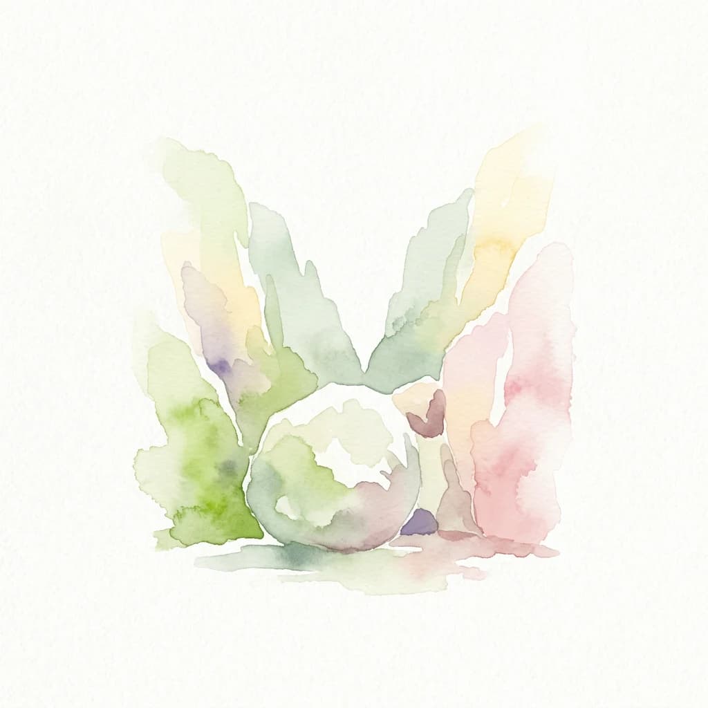 Watercolor painting of a central rounded rock surrounded by abstract green, yellow, and pink shapes