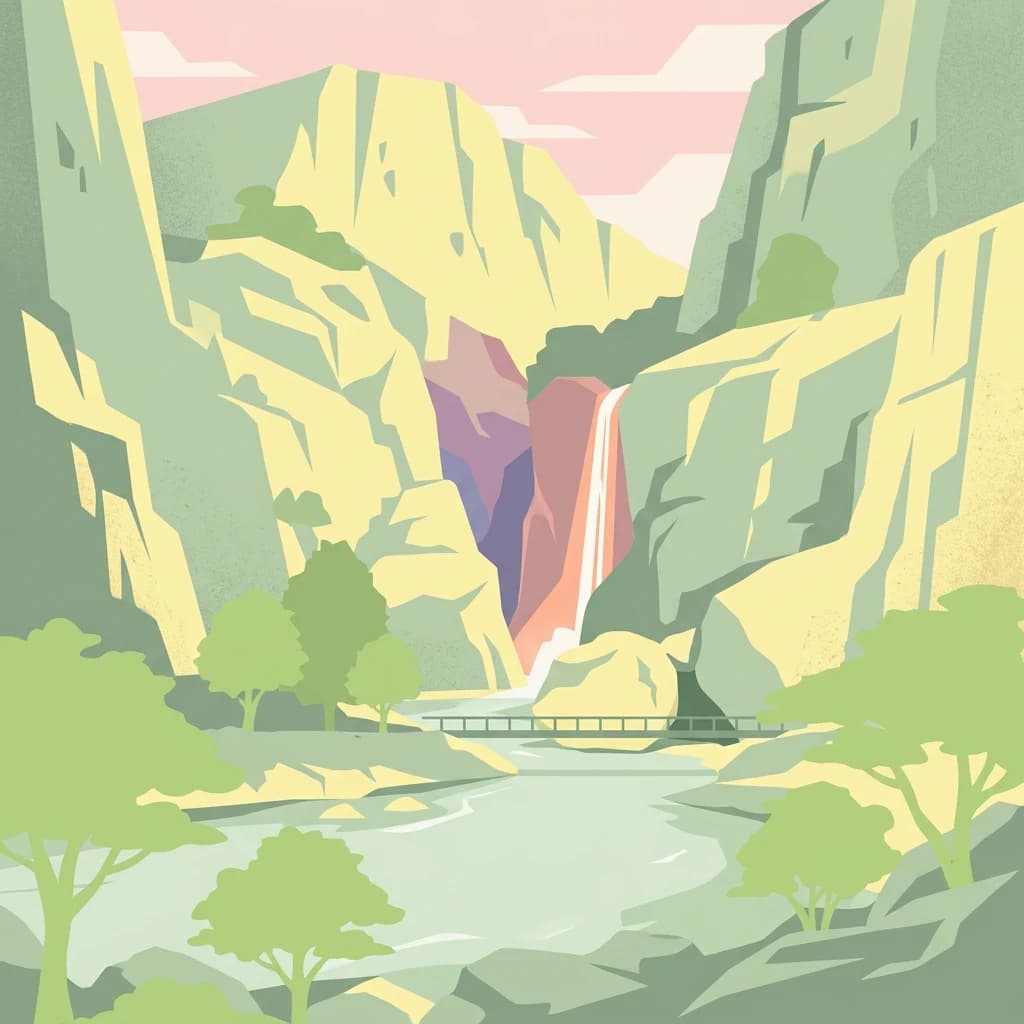 Illustration of a deep canyon with waterfall, rocky cliffs, green trees, river, and bridge under pink sky