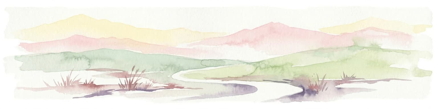 Watercolor painting of a river flowing through green hills and mountains under a soft sky.
