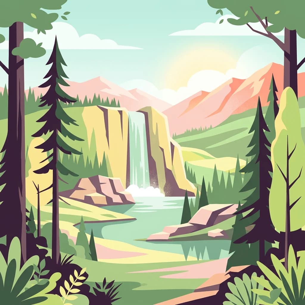 Digital illustration of a waterfall in a coniferous forest with mountains and a lake.