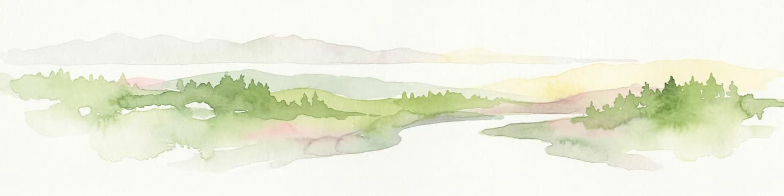 Watercolor painting showing a river flowing through a forested area with distant hills, using soft green, blue, and yellow tones