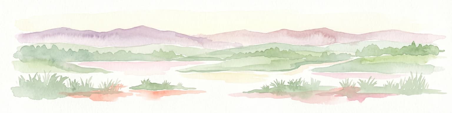Watercolor painting of a wide wetland area with distant purple mountains, green grassy banks, and water channels.
