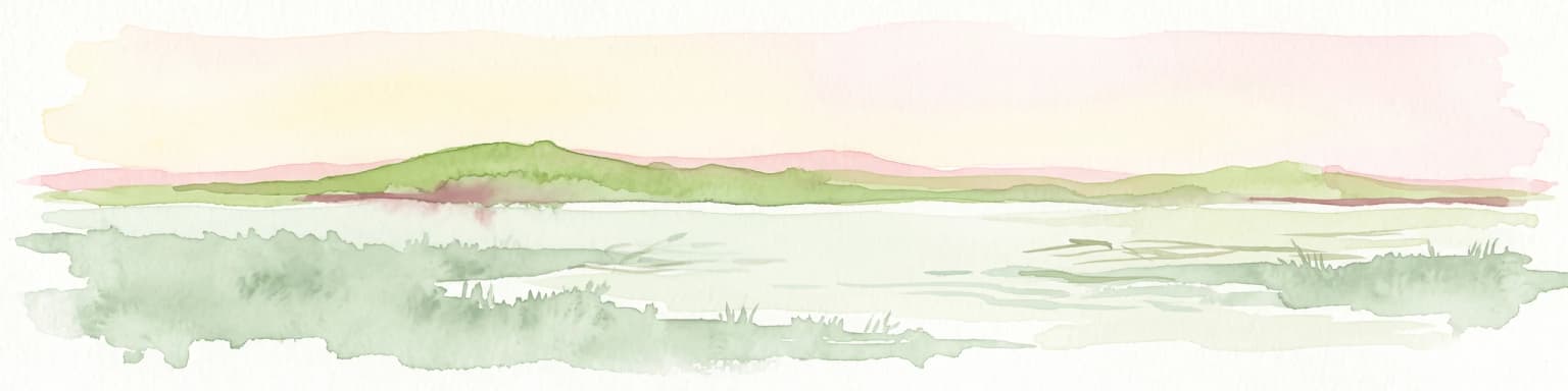 Watercolor painting of a low lying landscape with calm water, grassy wetlands in the foreground, and distant green hills under a soft sunset sky.