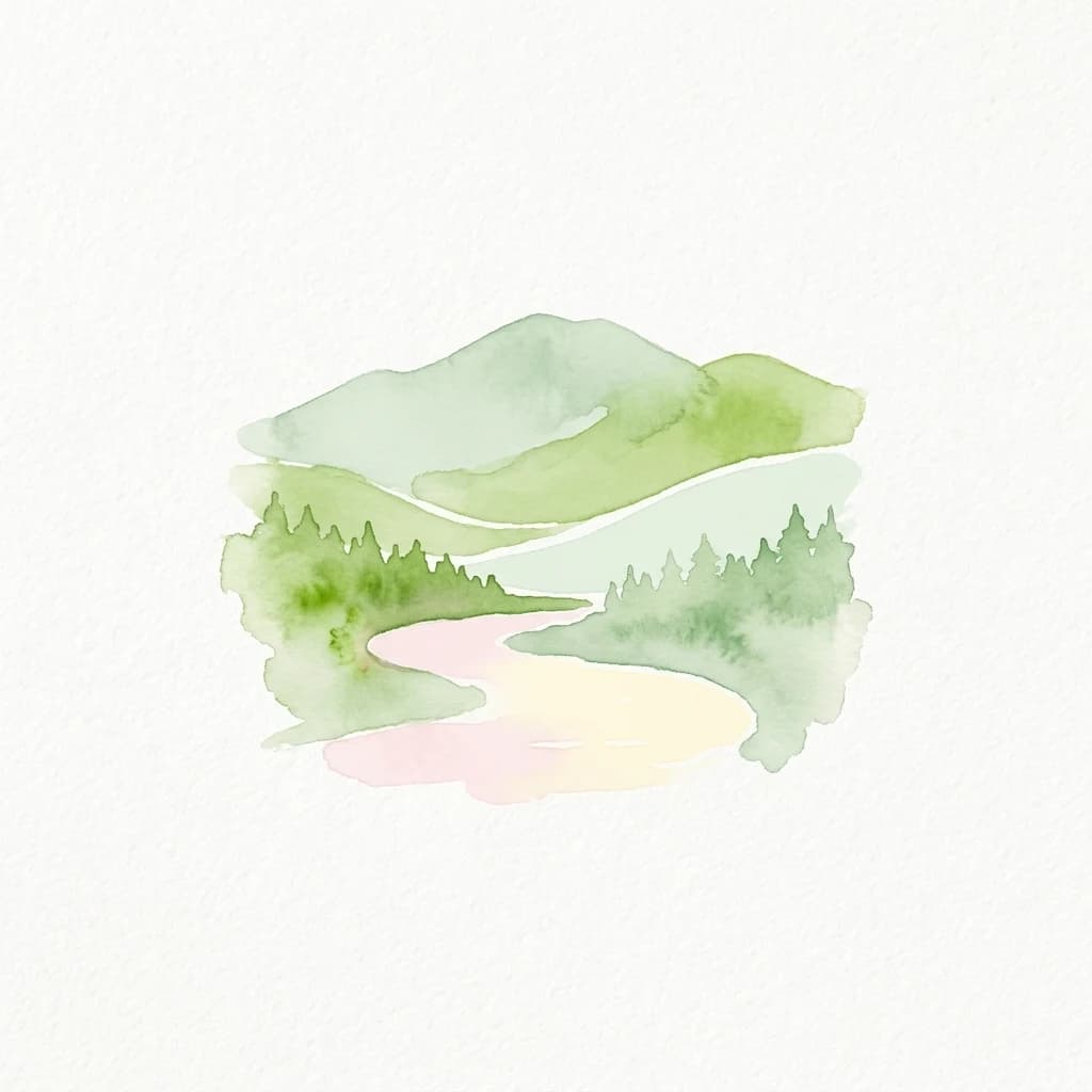 Watercolor illustration depicting green hills, a winding river, and forested areas