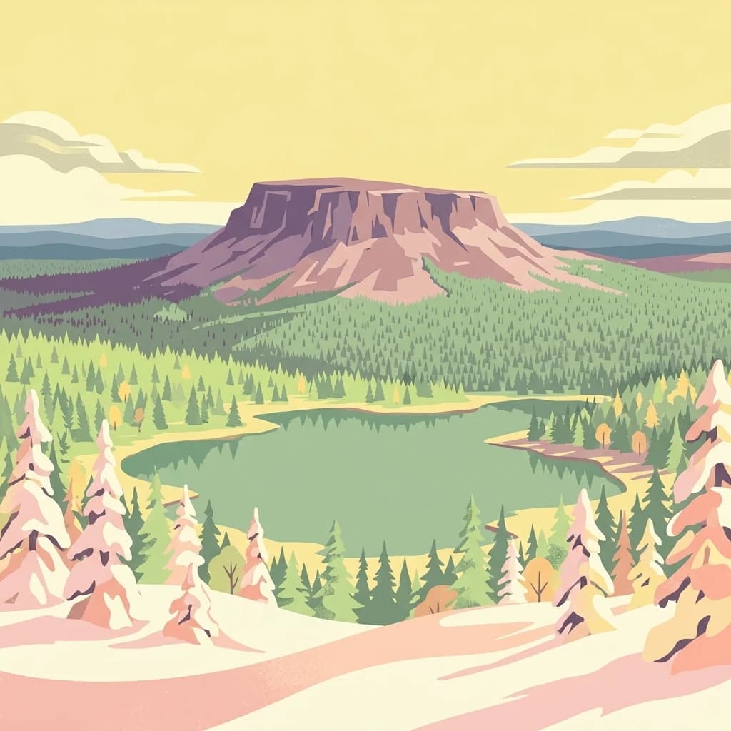 Stylized illustration showing a flat-topped mountain, a lake, evergreen trees, and snow-covered terrain