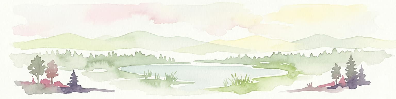 Watercolor illustration showing a lake, trees, and hills under a light sky