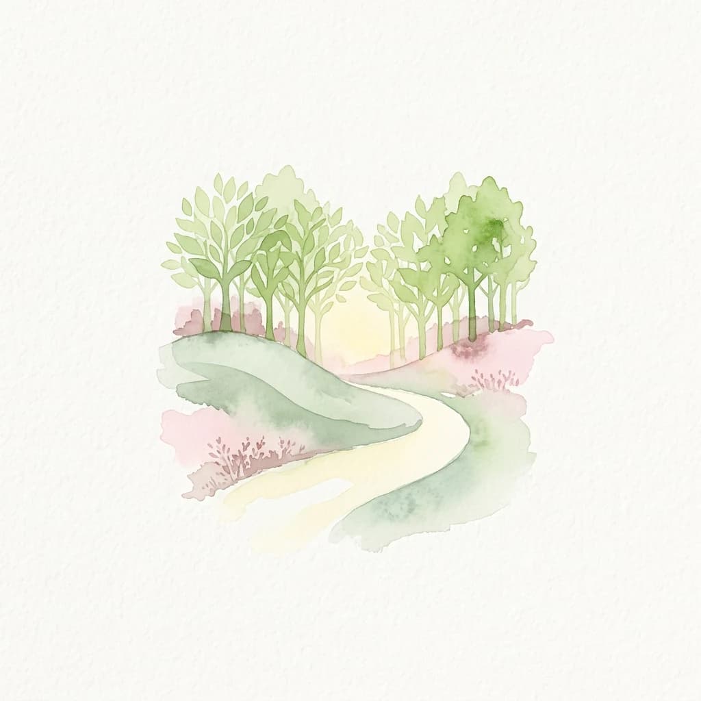 Watercolor illustration of a winding path through a forested area with green trees, pink shrubs, and a setting sun in the background