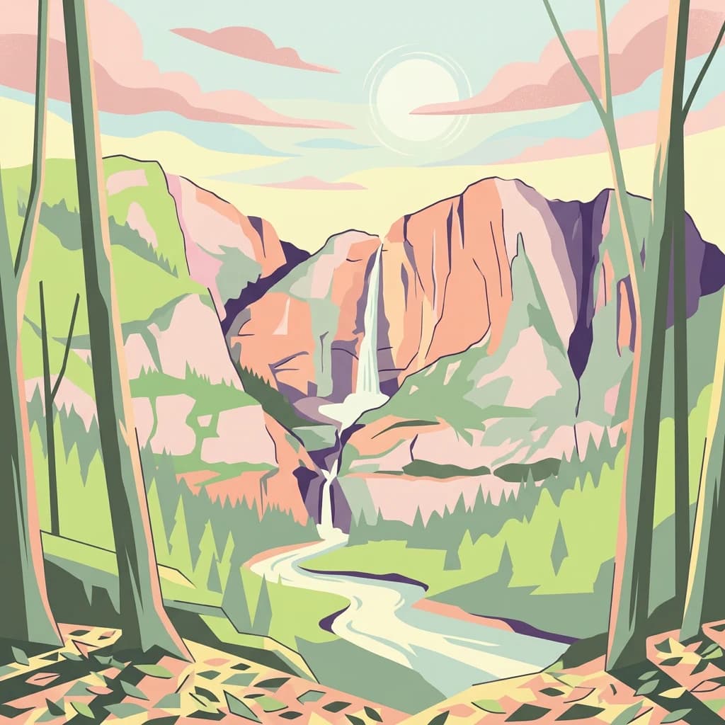 Stylized illustration of a mountainous landscape with a waterfall, river, and forest under a pastel sky