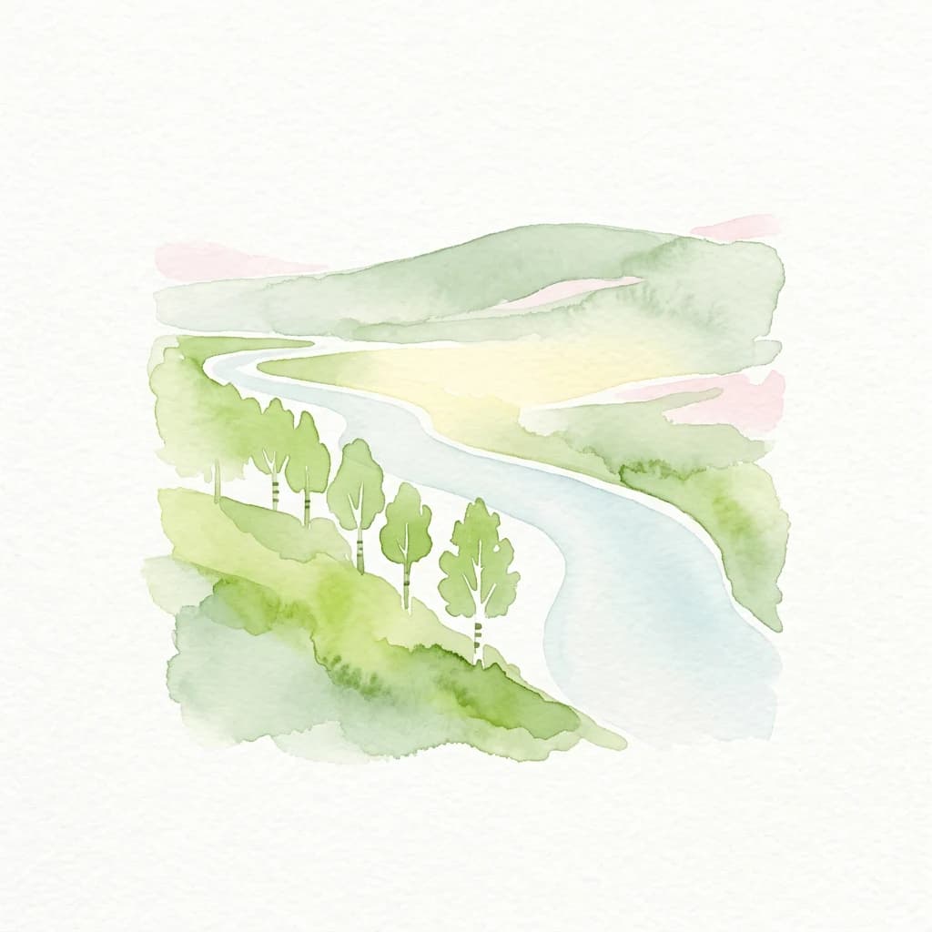 Watercolor illustration of a winding river through green hills with scattered trees