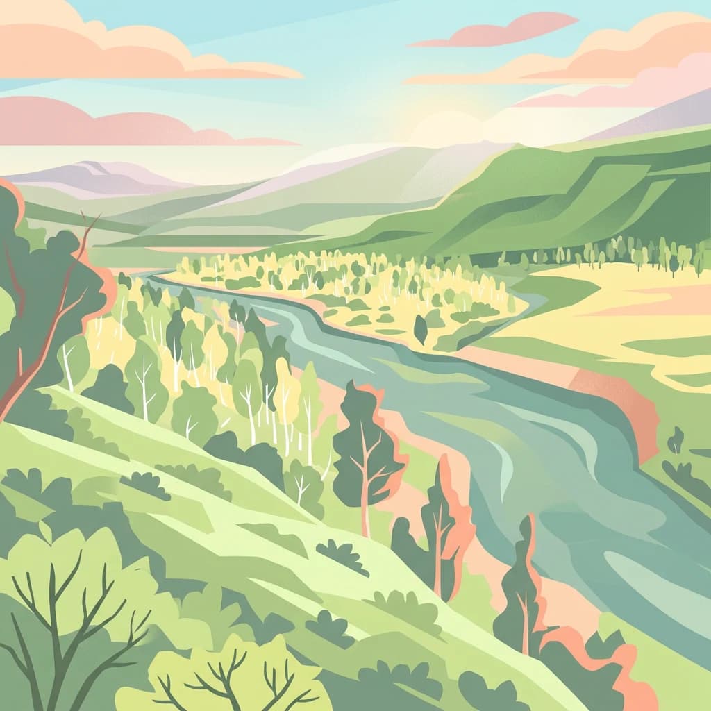 Illustration of a river valley with green hills, trees, and distant mountains under a partly cloudy sky.