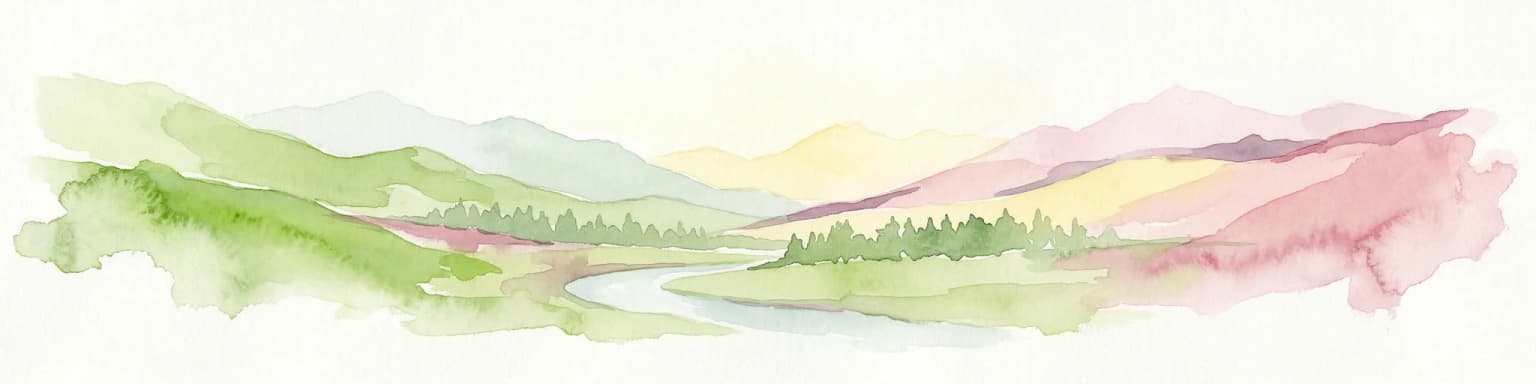 Watercolor illustration showing mountains, a river, and colorful landscape regions