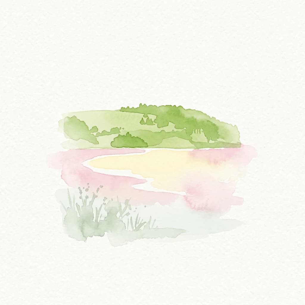 Watercolor illustration of a landscape featuring green hills, pink and yellow water, and grasses