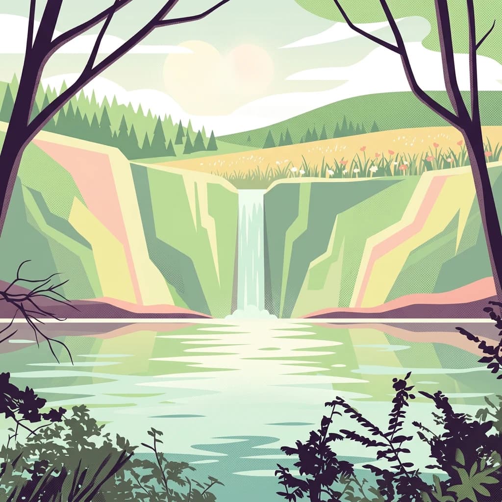 Stylized illustration of a waterfall surrounded by cliffs and trees with a calm lake.