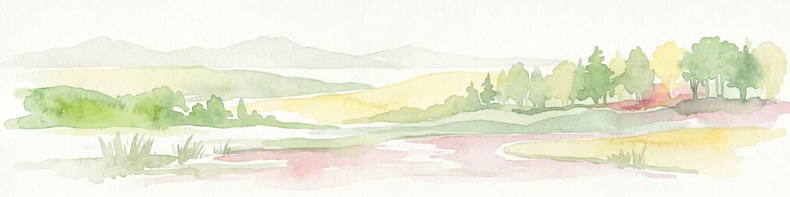 Watercolor illustration of a river flowing through a valley with green hills and scattered trees in the background