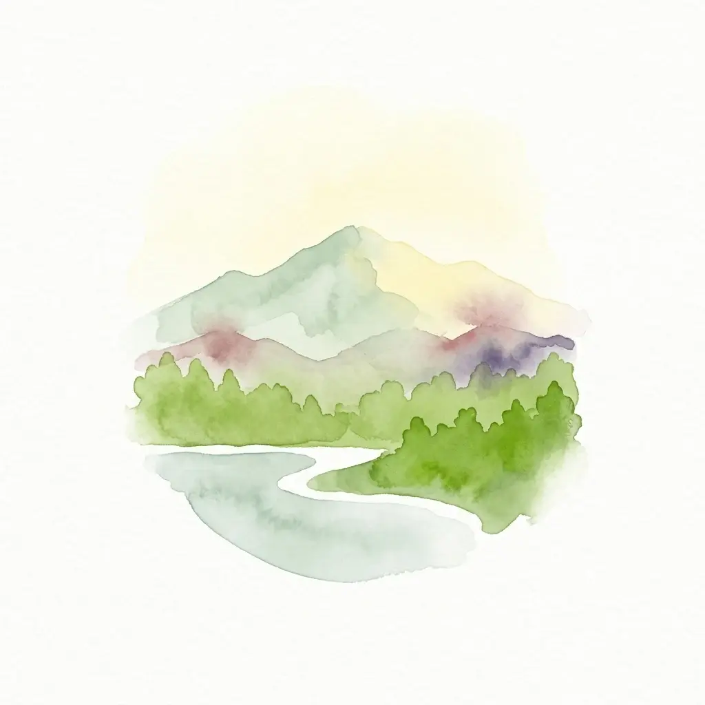 Watercolor painting of mountains, river, and forest landscape