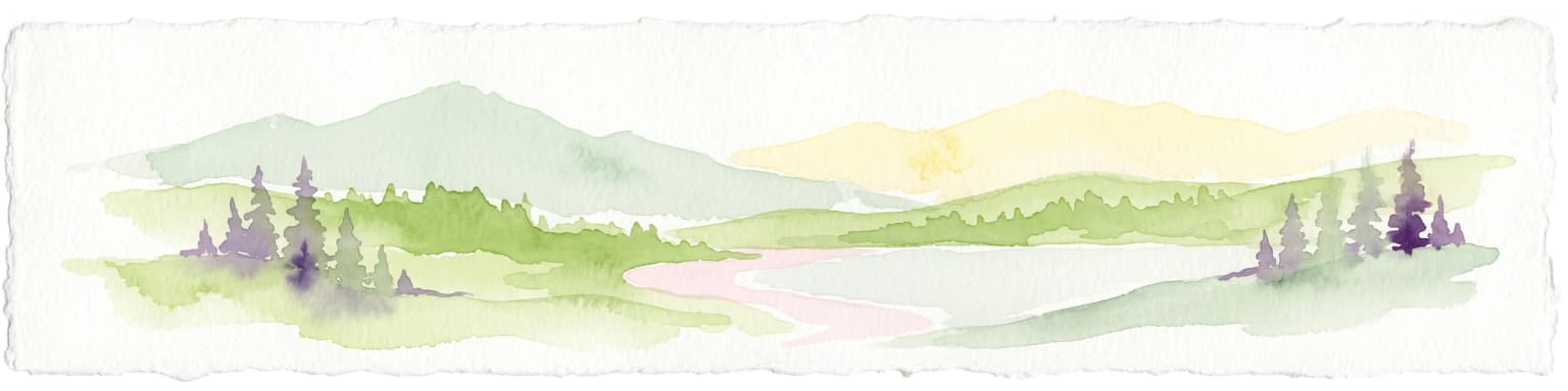 Watercolor painting of a serene mountain landscape featuring rolling hills, coniferous trees, and a lake in the foreground, rendered in light pastel tones.