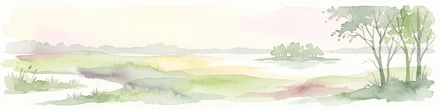Una ilustración en acuarela de un paisaje de humedal tranquilo y pantanoso con suaves tonos verdes y terrosos, con vegetación distante, una pequeña isla y árboles en primer plano.