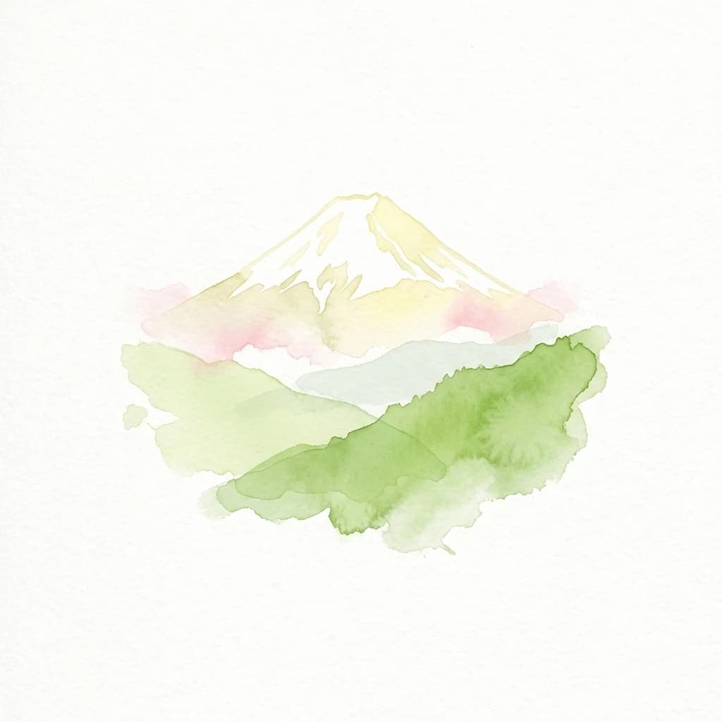 Watercolor illustration of Mount Fuji with green and pink hues