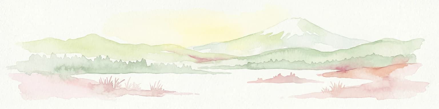 Watercolor illustration showing a mountain landscape with a snow-capped peak, a lake, and green hills.